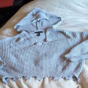Forever 21 Light Gray V-Neck Hooded Sweater Cropped